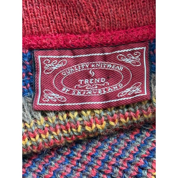 Skjaeveland Trend Cardigan Sweater Button Up Shawl-Collar Red Blue Aztec - Picture 4 of 7